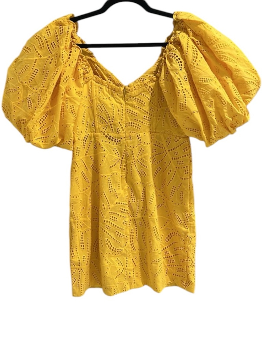 Farm Rio Monstera Yellow Eyelet Puff-Sleeve Mini Dress XS - Picture 6 of 10